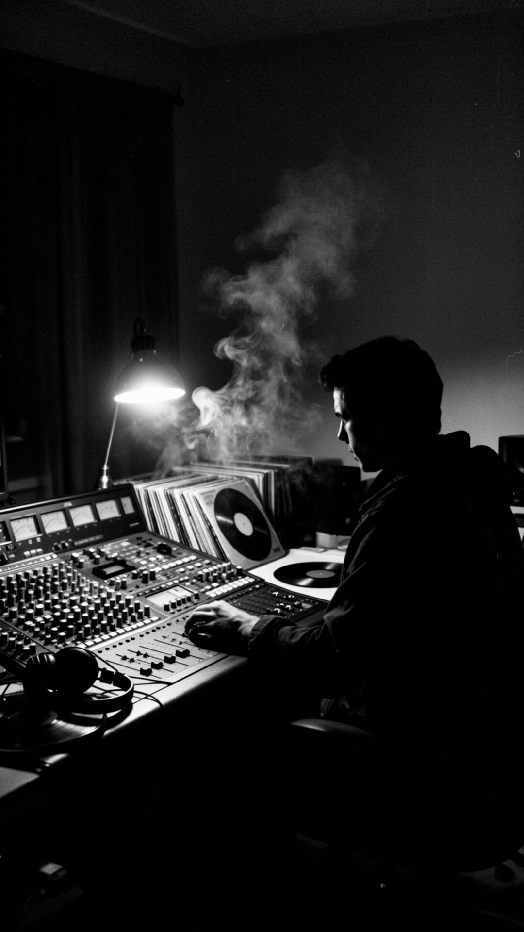 A producer at the console, late at night